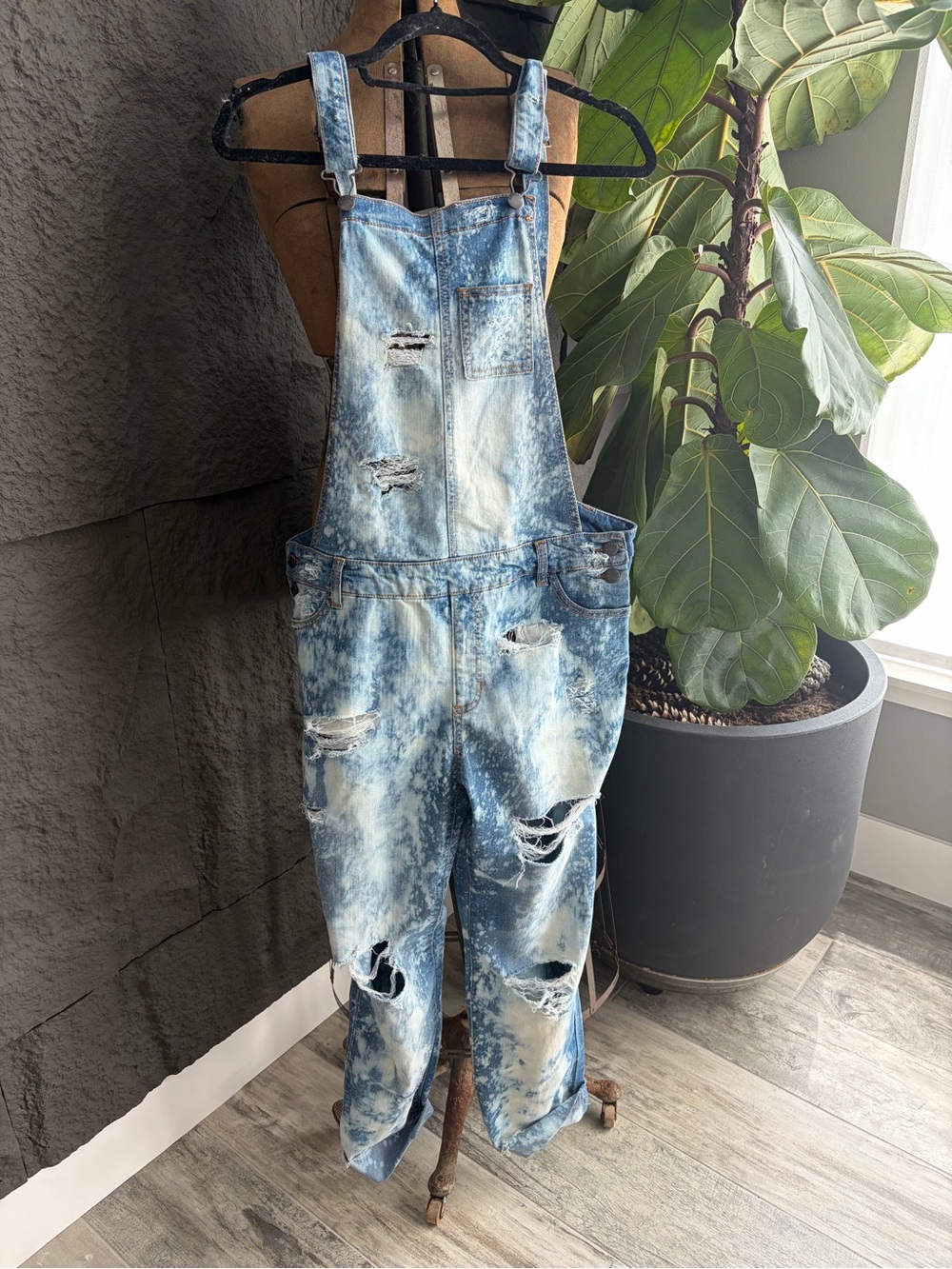 BONGO Acid Wash Distressed Denim Overalls in Blue and White